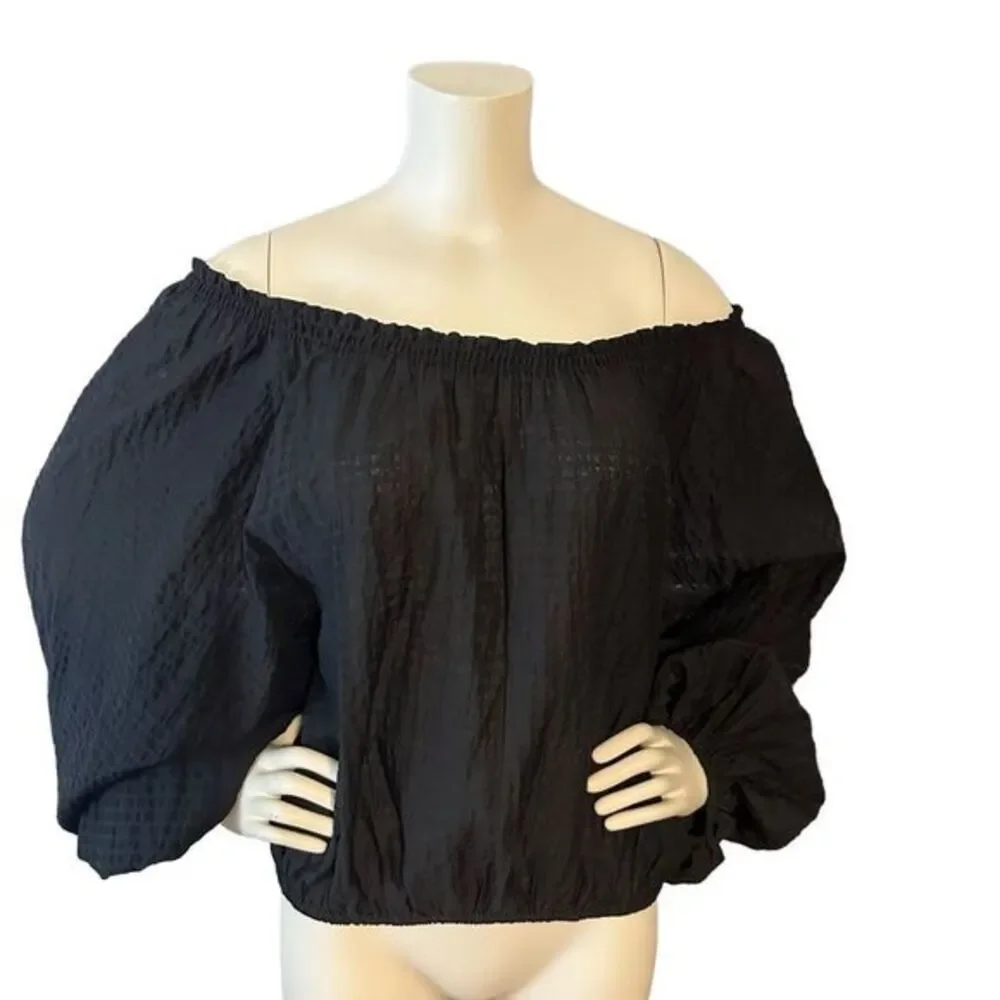 Free People Blouse Black S Womens Off Shoulder Balloon Sleeve Tie Back Oversized